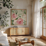 Impressionist Garden V by Danhui Nai. Shown in a natural wood frame in a cozy modern living room. Available as an archival giclee rolled canvas, fine art paper, or poster print. SKU 83951a.
