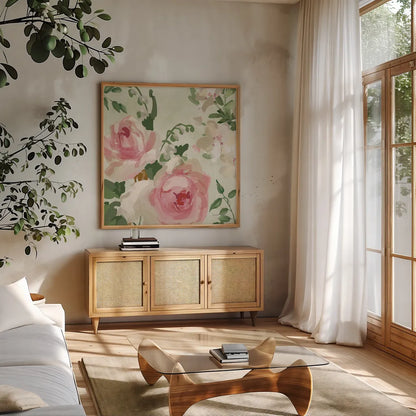 Impressionist Garden V by Danhui Nai. Shown in a natural wood frame in a cozy modern living room. Available as an archival giclee rolled canvas, fine art paper, or poster print. SKU 83951a.
