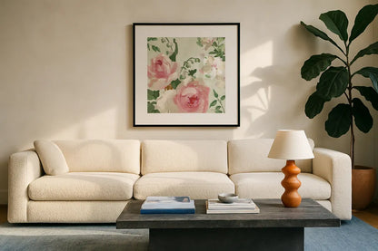 Impressionist Garden V by Danhui Nai. Displayed in a glass frame with matte in a clean modern living room. Available as an archival giclee rolled canvas, fine art paper, or poster print. SKU 83951a.