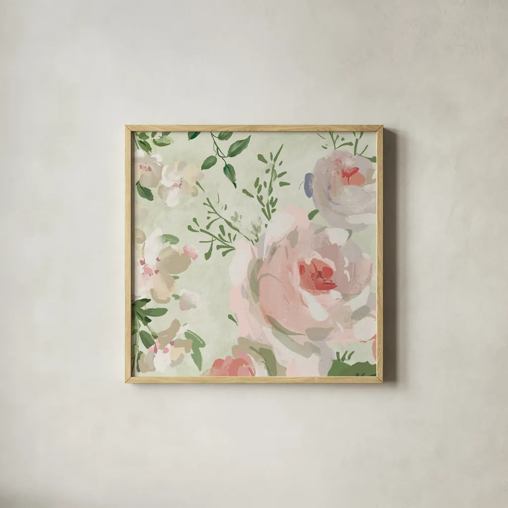 Impressionist Garden VI by Danhui Nai. Shown in a natural wood glass frame for a timeless modern aesthetic. Available as an archival giclee rolled canvas, fine art paper, or poster print. SKU 83952a.