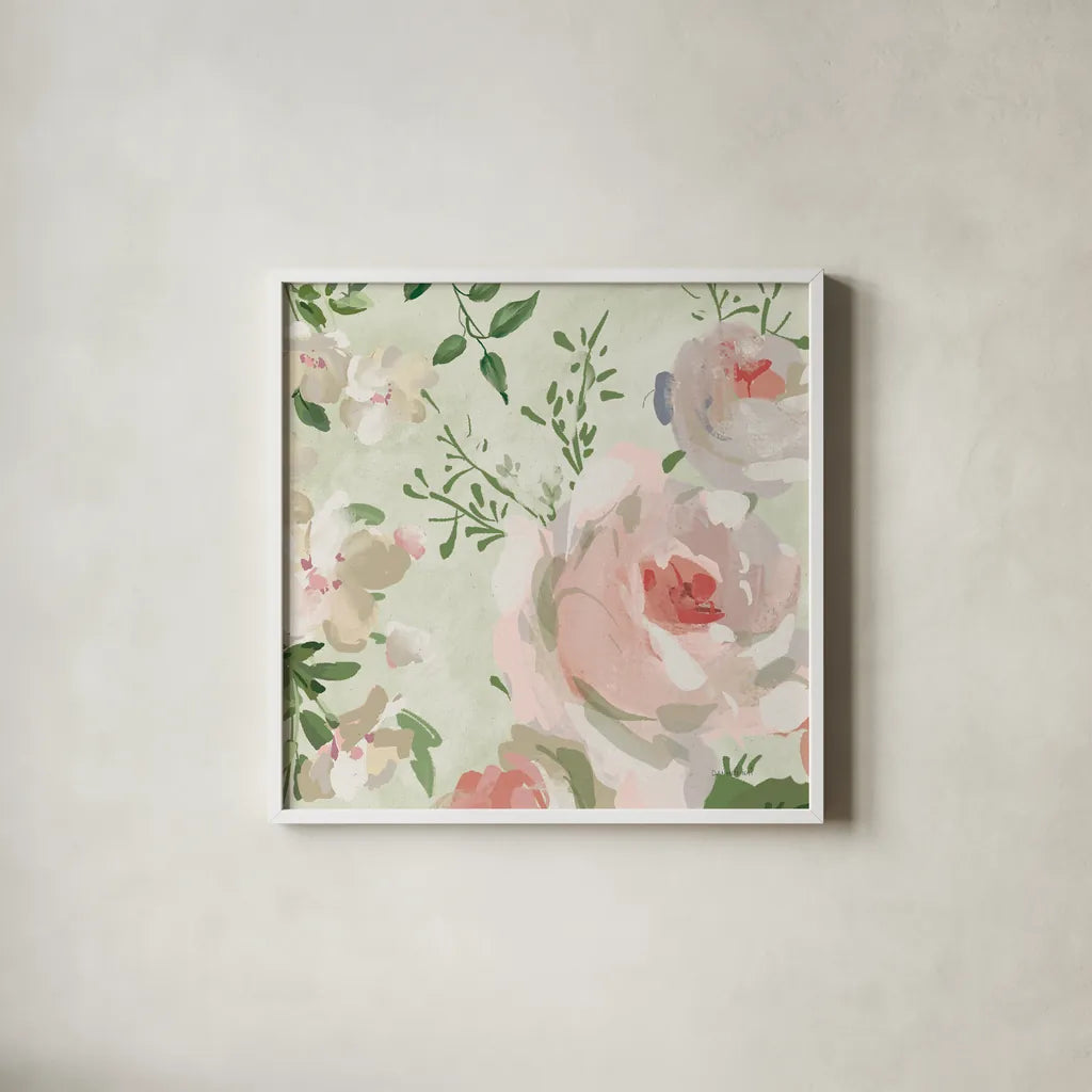 Impressionist Garden VI by Danhui Nai. Shown in a crisp white glass frame for a clean and minimalist style. Available as an archival giclee rolled canvas, fine art paper, or poster print. SKU 83952a.