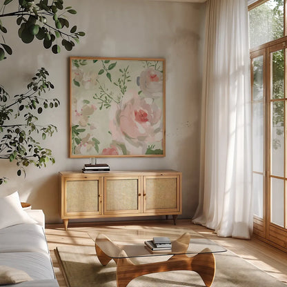 Impressionist Garden VI by Danhui Nai. Shown in a natural wood frame in a cozy modern living room. Available as an archival giclee rolled canvas, fine art paper, or poster print. SKU 83952a.
