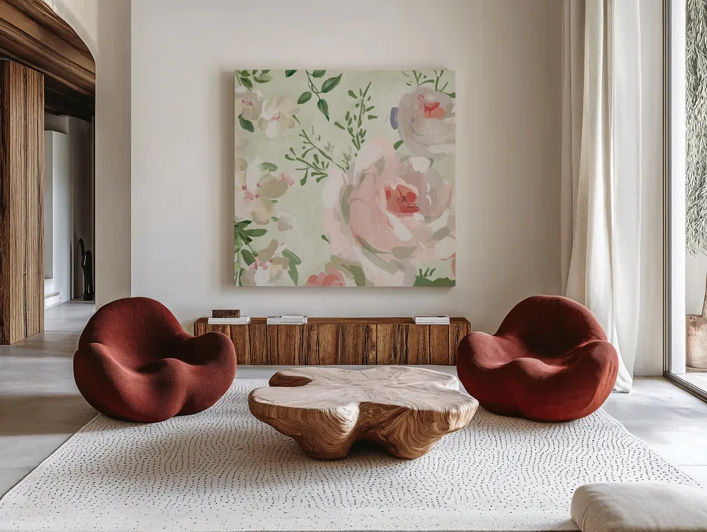 Impressionist Garden VI by Danhui Nai. Shown as extra-large giant wall art in a modern living room. Available as an archival giclee rolled canvas, fine art paper, or poster print. SKU 83952a.