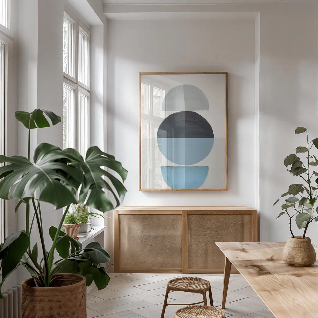 In Between I by Danhui Nai. shown as a print in a natural wood frame in a dining room. Available as a archival giclee rolled canvas, fine art paper, or poster print. SKU 76097h.
