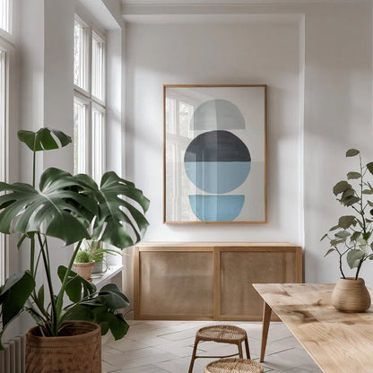 In Between I by Danhui Nai. shown as a print in a natural wood frame in a dining room. Available as a archival giclee rolled canvas, fine art paper, or poster print. SKU 76097h.