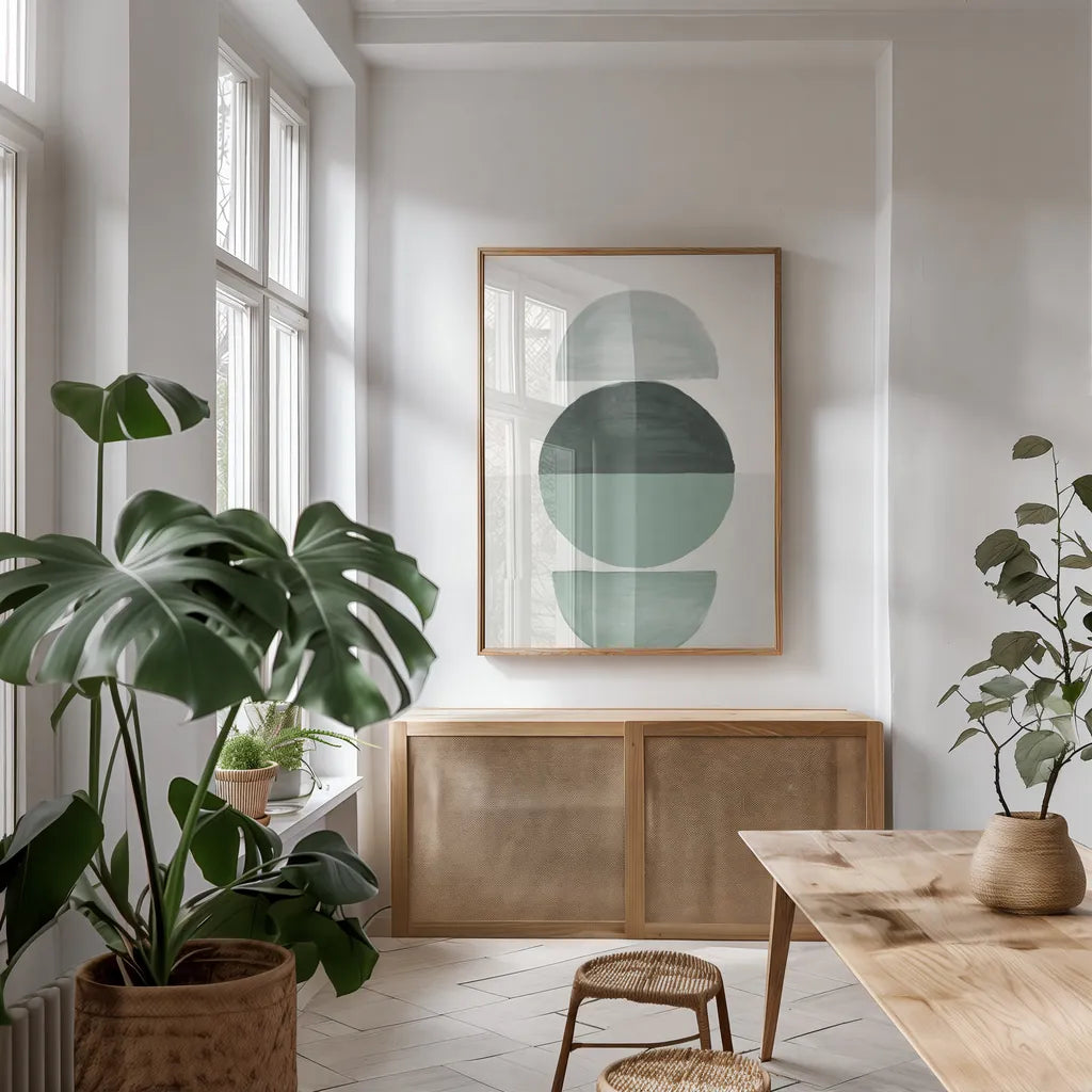 In Between I Eucalyptus by Danhui Nai. shown as a print in a natural wood frame in a dining room. Available as a archival giclee rolled canvas, fine art paper, or poster print. SKU 79946h.