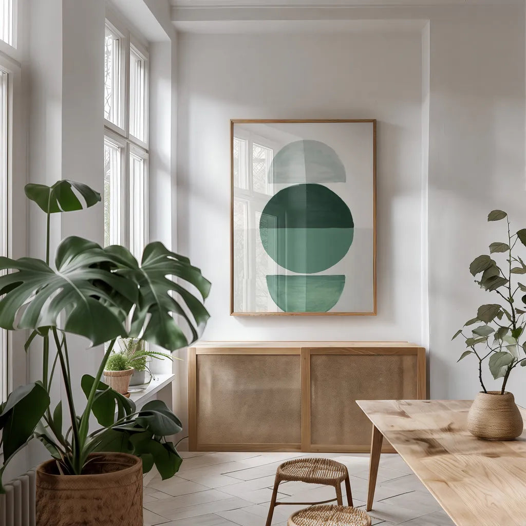 In Between I Green by Danhui Nai. shown as a print in a natural wood frame in a dining room. Available as a archival giclee rolled canvas, fine art paper, or poster print. SKU 79948h.