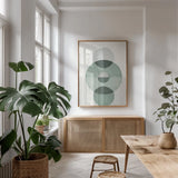 In Between II Eucalyptus by Danhui Nai. shown as a print in a natural wood frame in a dining room. Available as a archival giclee rolled canvas, fine art paper, or poster print. SKU 79947h.