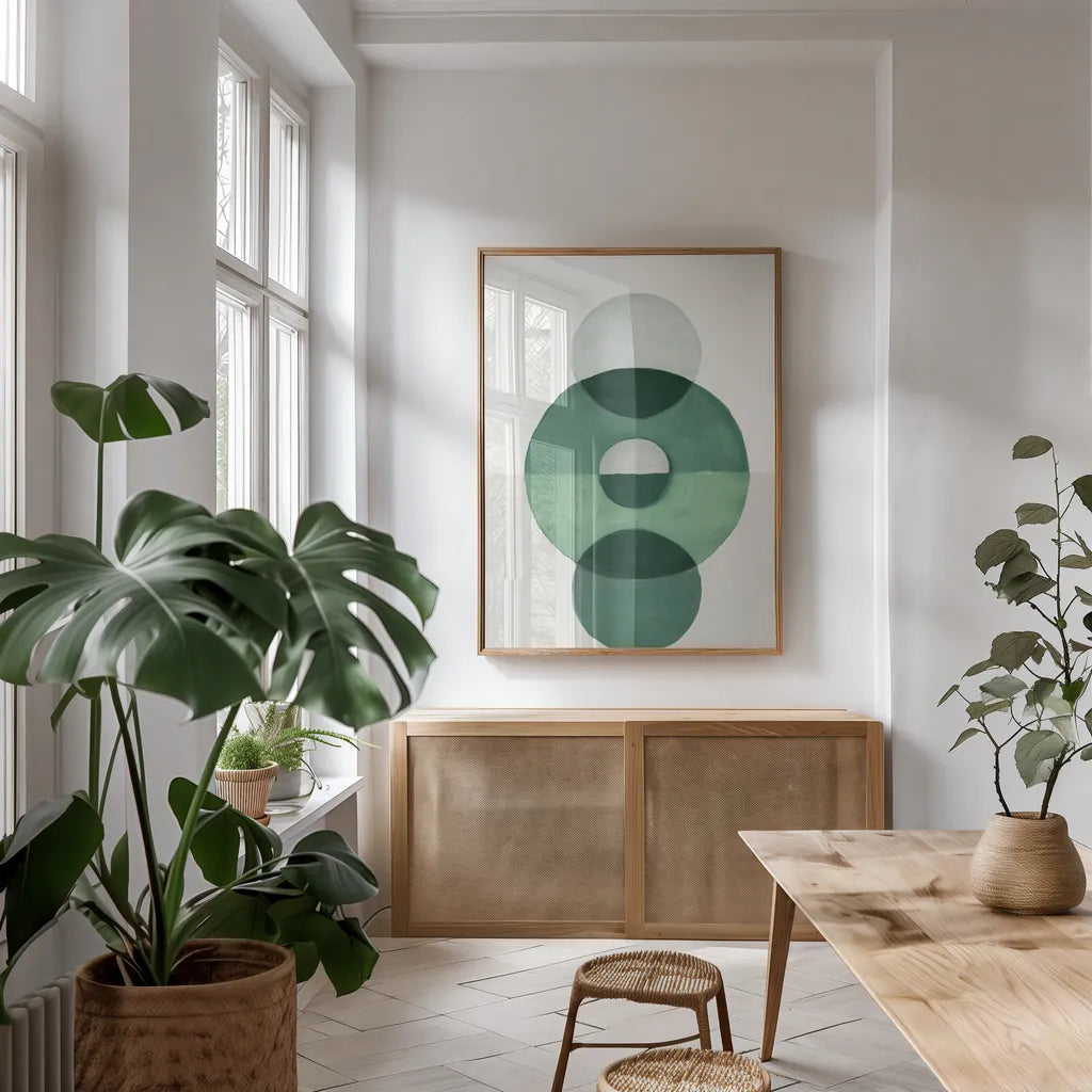 In Between II Green by Danhui Nai. shown as a print in a natural wood frame in a dining room. Available as a archival giclee rolled canvas, fine art paper, or poster print. SKU 79949h.