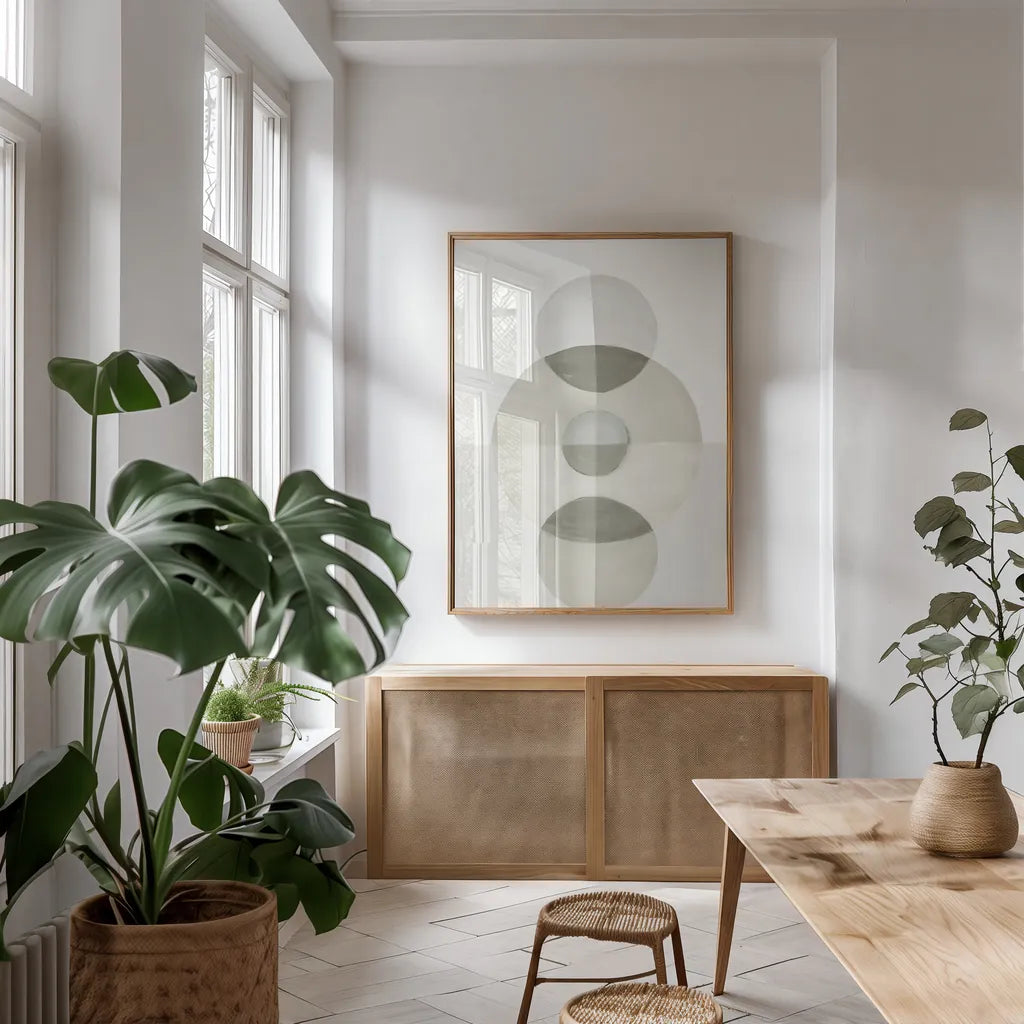 In Between II Neutral by Danhui Nai. shown as a print in a natural wood frame in a dining room. Available as a archival giclee rolled canvas, fine art paper, or poster print. SKU 79953h.