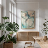 In Motion II by Danhui Nai. shown as a print in a natural wood frame in a dining room. Available as a archival giclee rolled canvas, fine art paper, or poster print. SKU 48412h.
