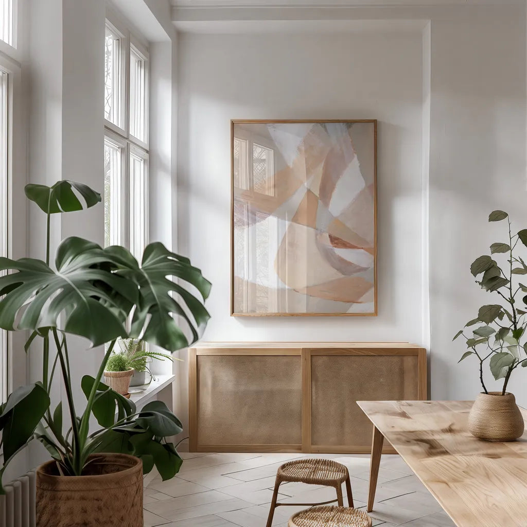In Pieces I by Danhui Nai. shown as a print in a natural wood frame in a dining room. Available as a archival giclee rolled canvas, fine art paper, or poster print. SKU 76099h.