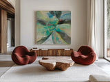 In the Valley Abstract I by Danhui Nai. Shown as extra-large giant wall art in a modern living room. Available as an archival giclee rolled canvas, fine art paper, or poster print. SKU 47251a.