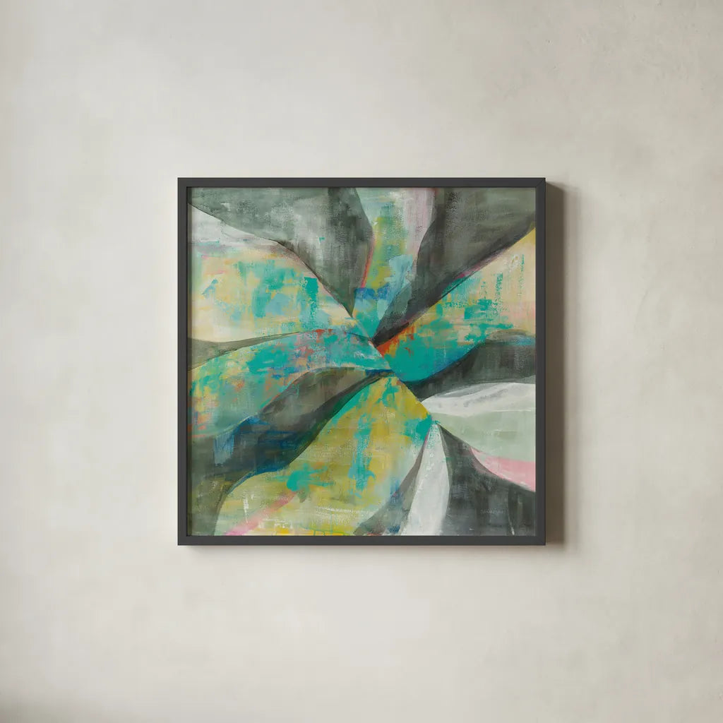 In the Valley Abstract II by Danhui Nai. Shown in a sleek black glass frame for a contemporary gallery look. Available as an archival giclee rolled canvas, fine art paper, or poster print. SKU 47252a.