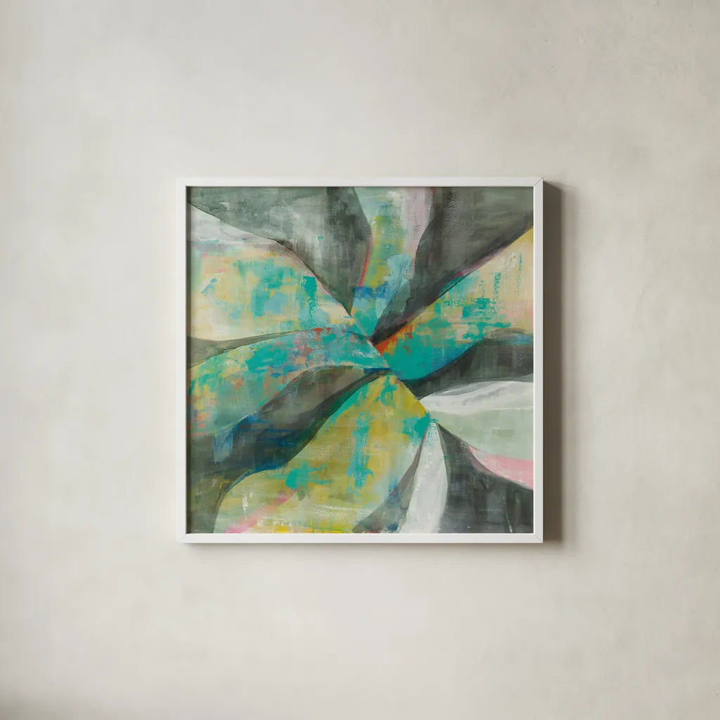 In the Valley Abstract II by Danhui Nai. Shown in a crisp white glass frame for a clean and minimalist style. Available as an archival giclee rolled canvas, fine art paper, or poster print. SKU 47252a.