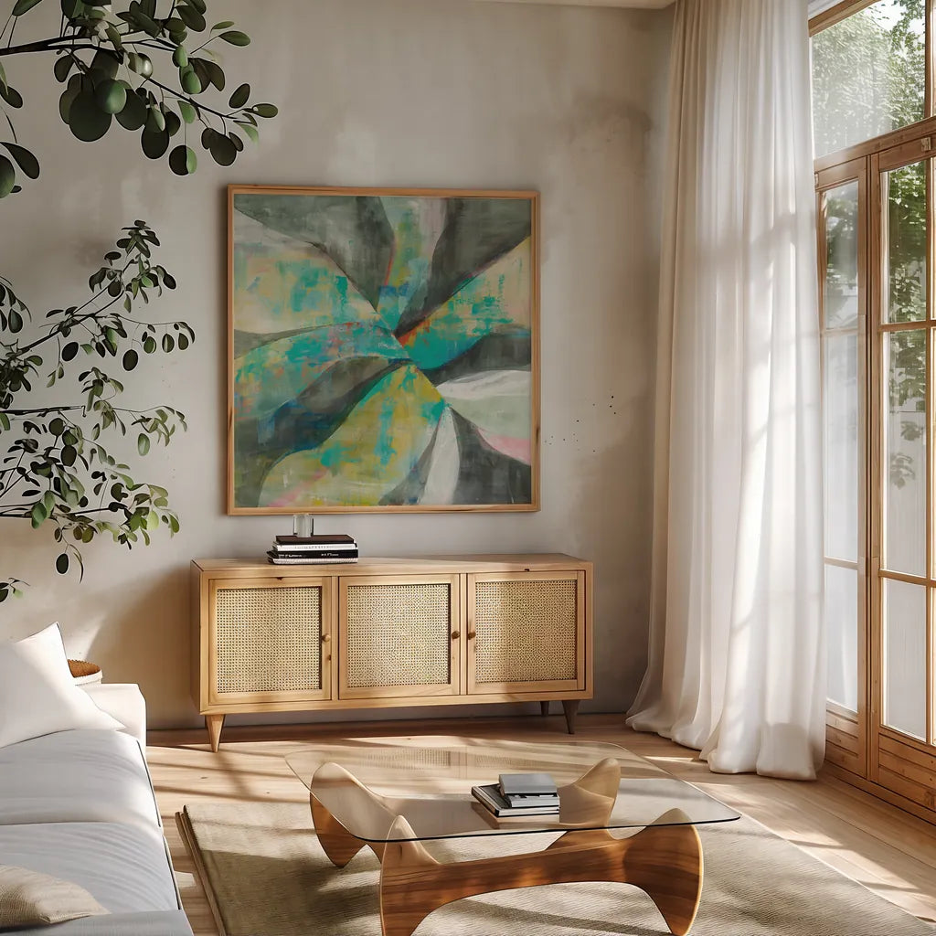 In the Valley Abstract II by Danhui Nai. Shown in a natural wood frame in a cozy modern living room. Available as an archival giclee rolled canvas, fine art paper, or poster print. SKU 47252a.