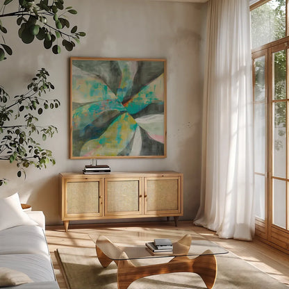 In the Valley Abstract II by Danhui Nai. Shown in a natural wood frame in a cozy modern living room. Available as an archival giclee rolled canvas, fine art paper, or poster print. SKU 47252a.