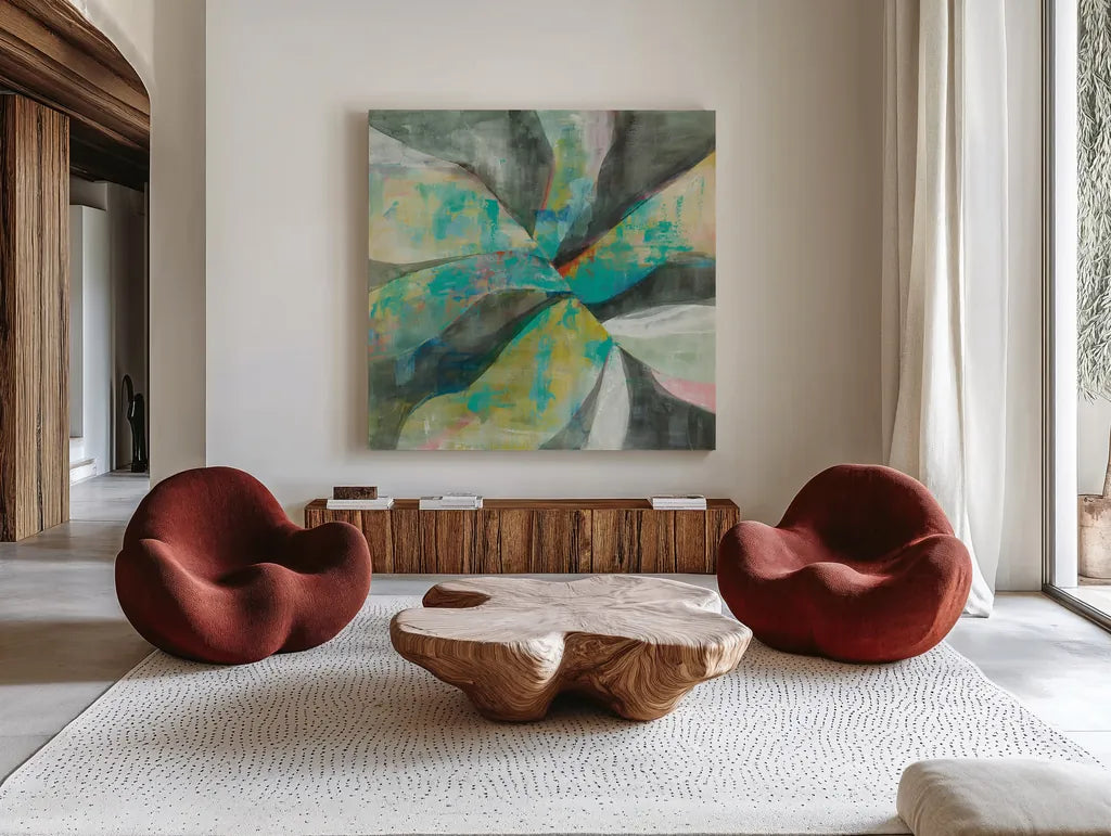 In the Valley Abstract II by Danhui Nai. Shown as extra-large giant wall art in a modern living room. Available as an archival giclee rolled canvas, fine art paper, or poster print. SKU 47252a.