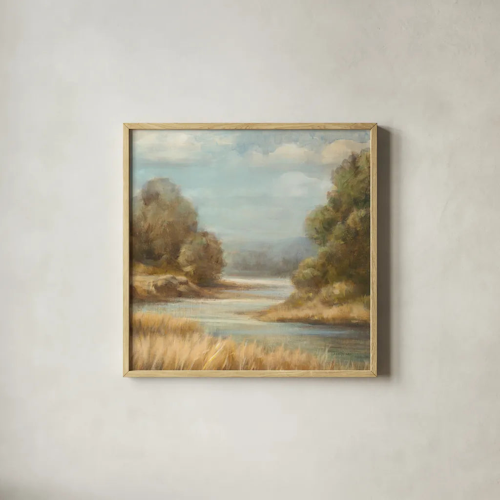 In the Valley II No Boat by Danhui Nai. Shown in a natural wood glass frame for a timeless modern aesthetic. Available as an archival giclee rolled canvas, fine art paper, or poster print. SKU 93204a.
