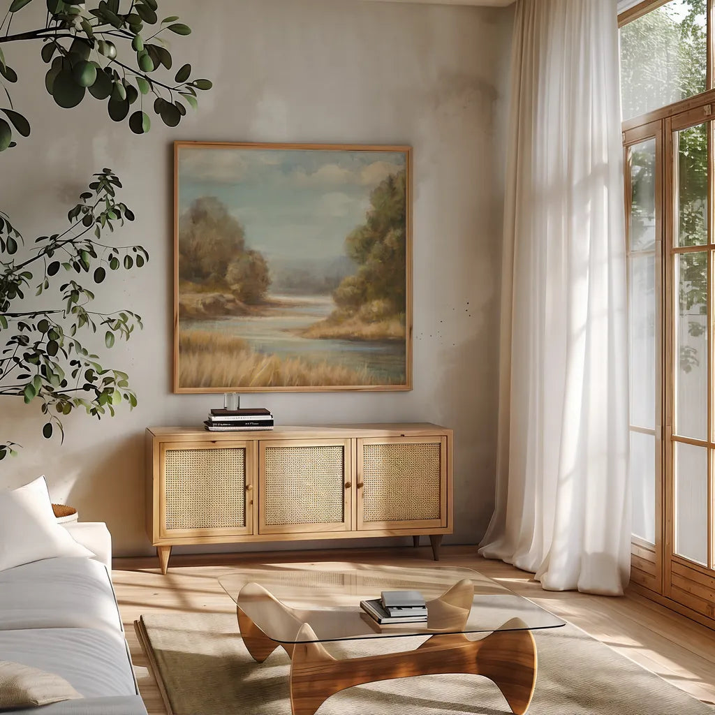 In the Valley II No Boat by Danhui Nai. Shown in a natural wood frame in a cozy modern living room. Available as an archival giclee rolled canvas, fine art paper, or poster print. SKU 93204a.