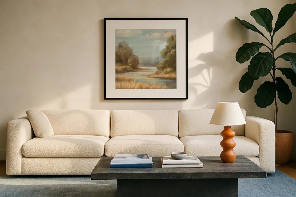 In the Valley II No Boat by Danhui Nai. Displayed in a glass frame with matte in a clean modern living room. Available as an archival giclee rolled canvas, fine art paper, or poster print. SKU 93204a.
