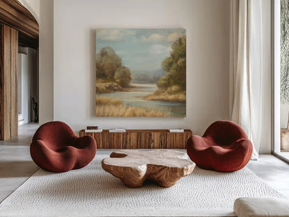 In the Valley II No Boat by Danhui Nai. Shown as extra-large giant wall art in a modern living room. Available as an archival giclee rolled canvas, fine art paper, or poster print. SKU 93204a.