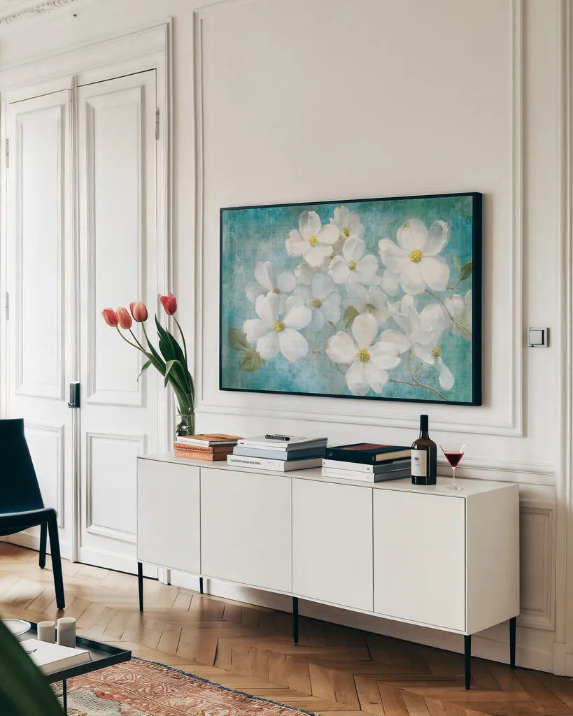 Indiness Blossom by Danhui Nai. shown as a framed stretched canvas in a living room above a console. Available as a archival giclee rolled canvas, fine art paper, or poster print. SKU 34036i.