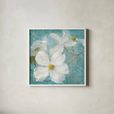 Indiness Blossom Square Vintage I by Danhui Nai. Shown in a crisp white glass frame for a clean and minimalist style. Available as an archival giclee rolled canvas, fine art paper, or poster print. SKU 13726a.