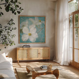 Indiness Blossom Square Vintage I by Danhui Nai. Shown in a natural wood frame in a cozy modern living room. Available as an archival giclee rolled canvas, fine art paper, or poster print. SKU 13726a.