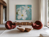 Indiness Blossom Square Vintage I by Danhui Nai. Shown as extra-large giant wall art in a modern living room. Available as an archival giclee rolled canvas, fine art paper, or poster print. SKU 13726a.