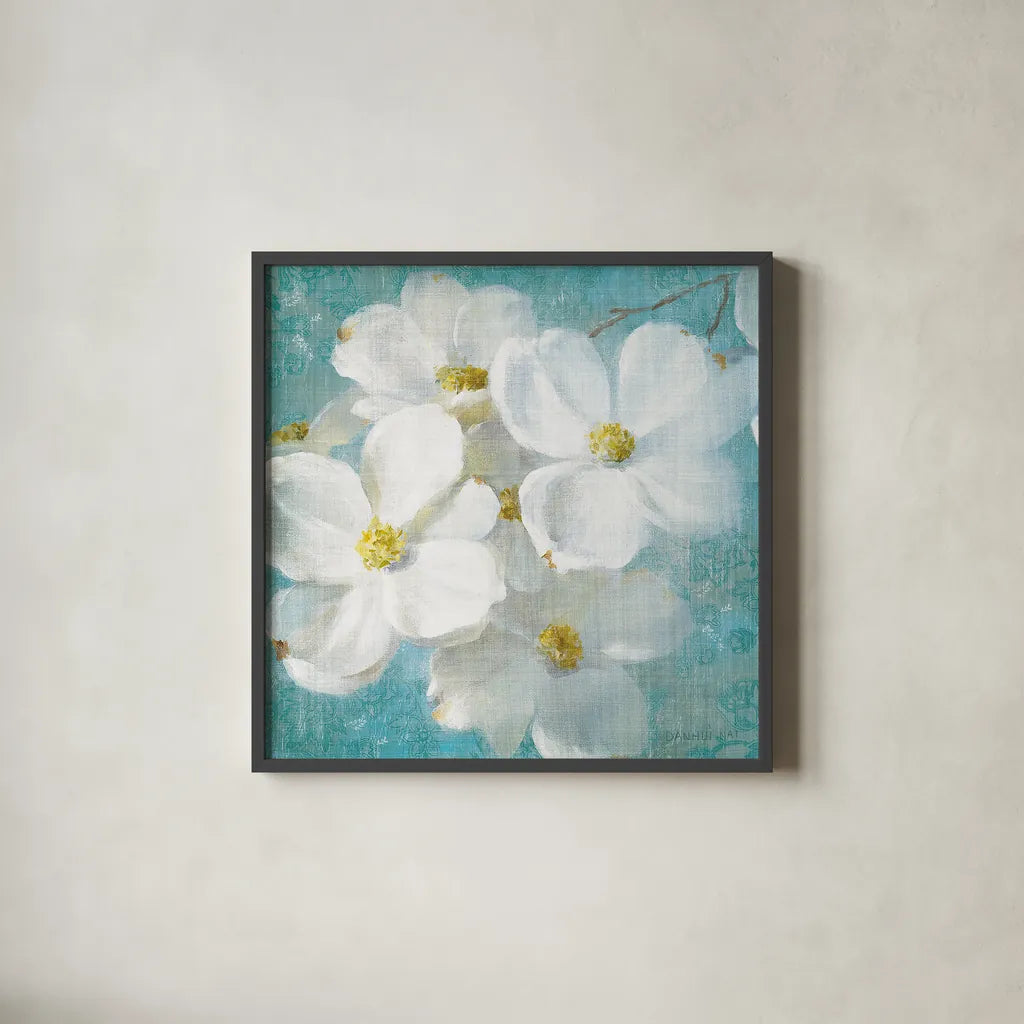 Indiness Blossom Square Vintage II by Danhui Nai. Shown in a sleek black glass frame for a contemporary gallery look. Available as an archival giclee rolled canvas, fine art paper, or poster print. SKU 14016a.