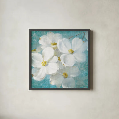 Indiness Blossom Square Vintage II by Danhui Nai. Shown in a sleek black glass frame for a contemporary gallery look. Available as an archival giclee rolled canvas, fine art paper, or poster print. SKU 14016a.