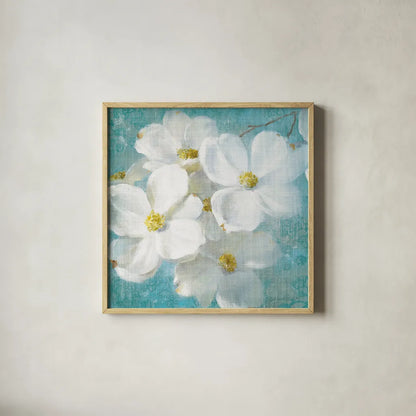 Indiness Blossom Square Vintage II by Danhui Nai. Shown in a natural wood glass frame for a timeless modern aesthetic. Available as an archival giclee rolled canvas, fine art paper, or poster print. SKU 14016a.