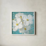 Indiness Blossom Square Vintage II by Danhui Nai. Shown in a crisp white glass frame for a clean and minimalist style. Available as an archival giclee rolled canvas, fine art paper, or poster print. SKU 14016a.