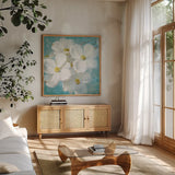 Indiness Blossom Square Vintage II by Danhui Nai. Shown in a natural wood frame in a cozy modern living room. Available as an archival giclee rolled canvas, fine art paper, or poster print. SKU 14016a.