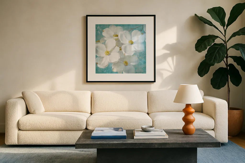 Indiness Blossom Square Vintage II by Danhui Nai. Displayed in a glass frame with matte in a clean modern living room. Available as an archival giclee rolled canvas, fine art paper, or poster print. SKU 14016a.