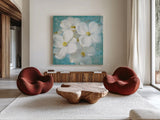 Indiness Blossom Square Vintage II by Danhui Nai. Shown as extra-large giant wall art in a modern living room. Available as an archival giclee rolled canvas, fine art paper, or poster print. SKU 14016a.