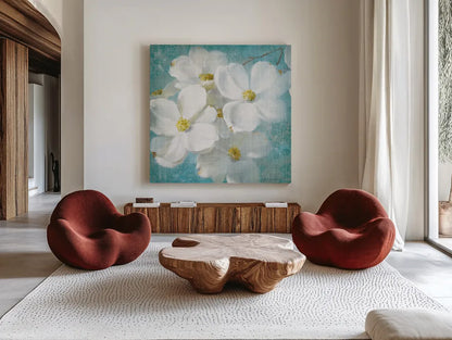 Indiness Blossom Square Vintage II by Danhui Nai. Shown as extra-large giant wall art in a modern living room. Available as an archival giclee rolled canvas, fine art paper, or poster print. SKU 14016a.