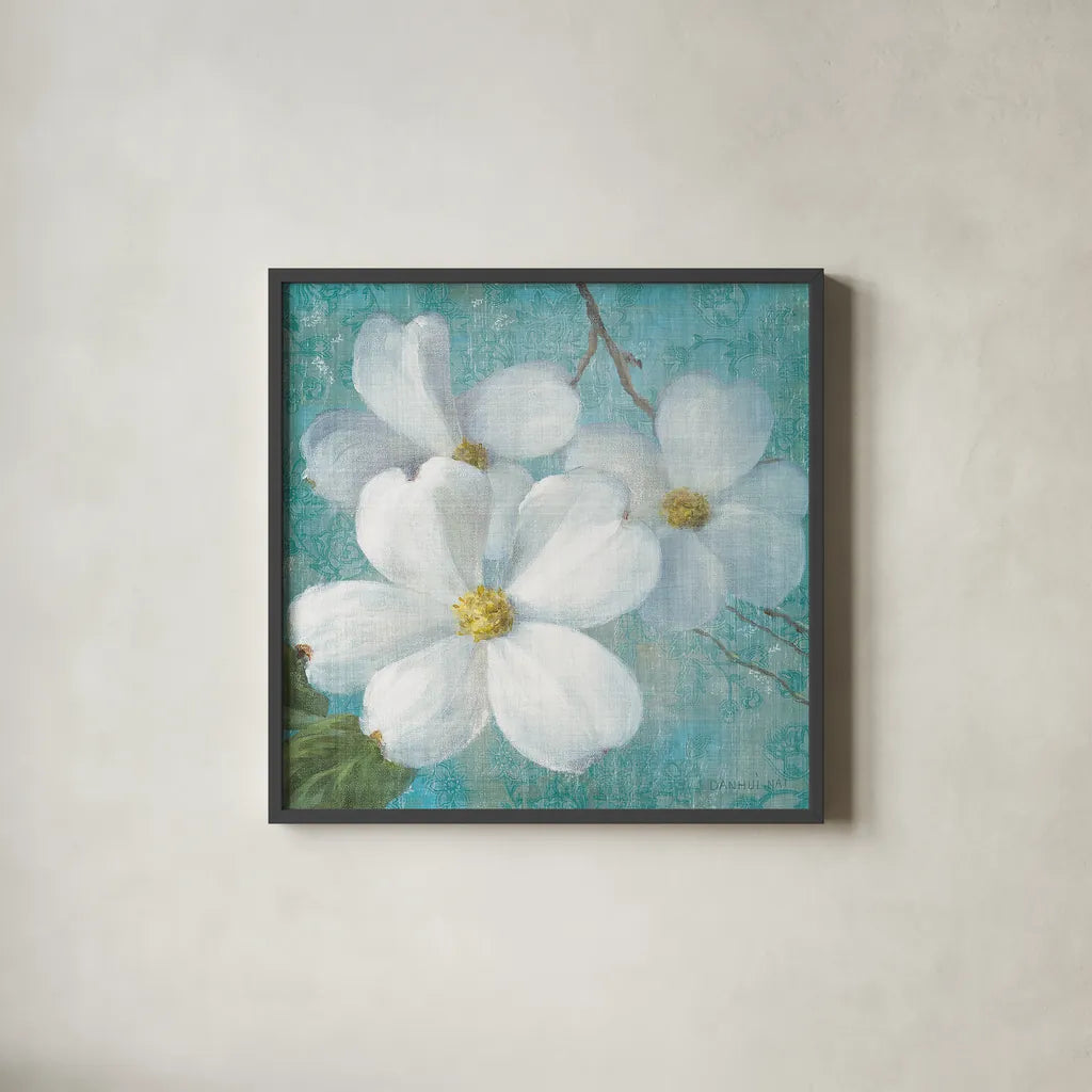 Indiness Blossom Square Vintage III by Danhui Nai. Shown in a sleek black glass frame for a contemporary gallery look. Available as an archival giclee rolled canvas, fine art paper, or poster print. SKU 14018a.