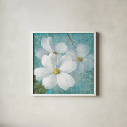 Indiness Blossom Square Vintage III by Danhui Nai. Shown in a crisp white glass frame for a clean and minimalist style. Available as an archival giclee rolled canvas, fine art paper, or poster print. SKU 14018a.