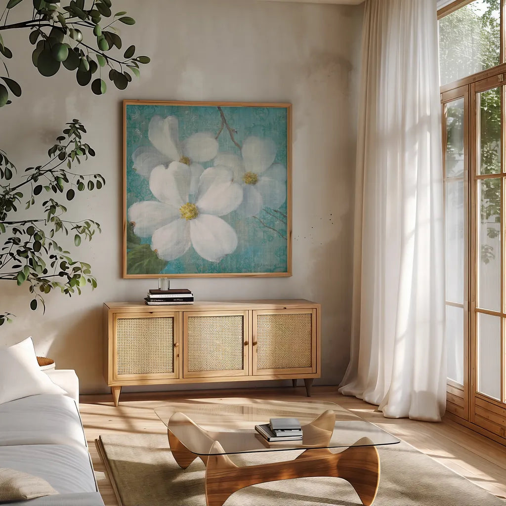 Indiness Blossom Square Vintage III by Danhui Nai. Shown in a natural wood frame in a cozy modern living room. Available as an archival giclee rolled canvas, fine art paper, or poster print. SKU 14018a.