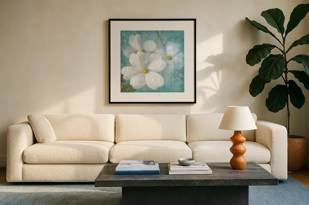 Indiness Blossom Square Vintage III by Danhui Nai. Displayed in a glass frame with matte in a clean modern living room. Available as an archival giclee rolled canvas, fine art paper, or poster print. SKU 14018a.