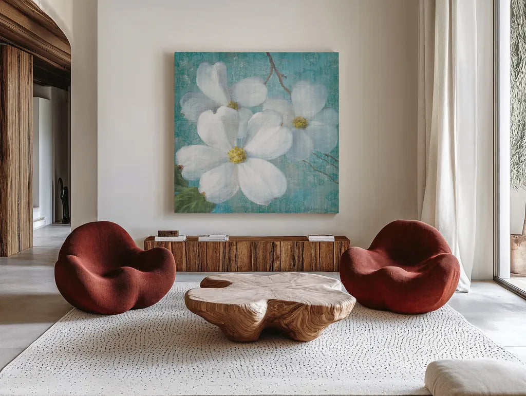 Indiness Blossom Square Vintage III by Danhui Nai. Shown as extra-large giant wall art in a modern living room. Available as an archival giclee rolled canvas, fine art paper, or poster print. SKU 14018a.