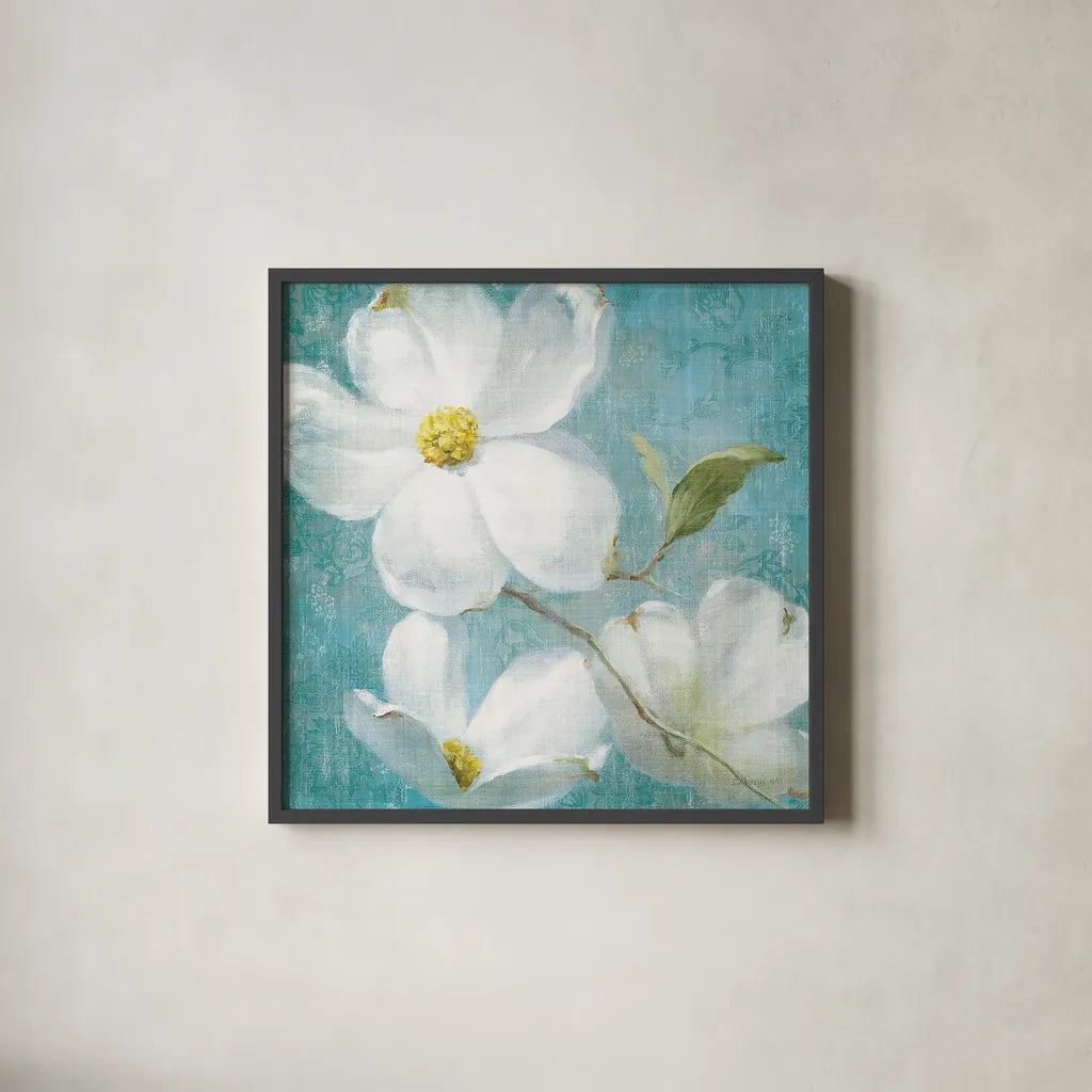 Indiness Blossom Square Vintage IV by Danhui Nai. Shown in a sleek black glass frame for a contemporary gallery look. Available as an archival giclee rolled canvas, fine art paper, or poster print. SKU 13729a.