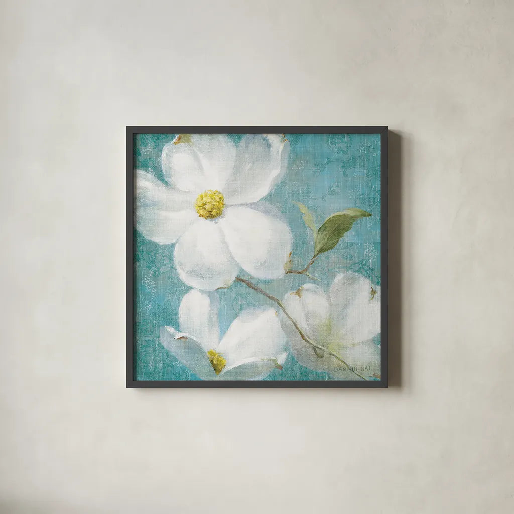 Indiness Blossom Square Vintage IV by Danhui Nai. Shown in a sleek black glass frame for a contemporary gallery look. Available as an archival giclee rolled canvas, fine art paper, or poster print. SKU 14017a.