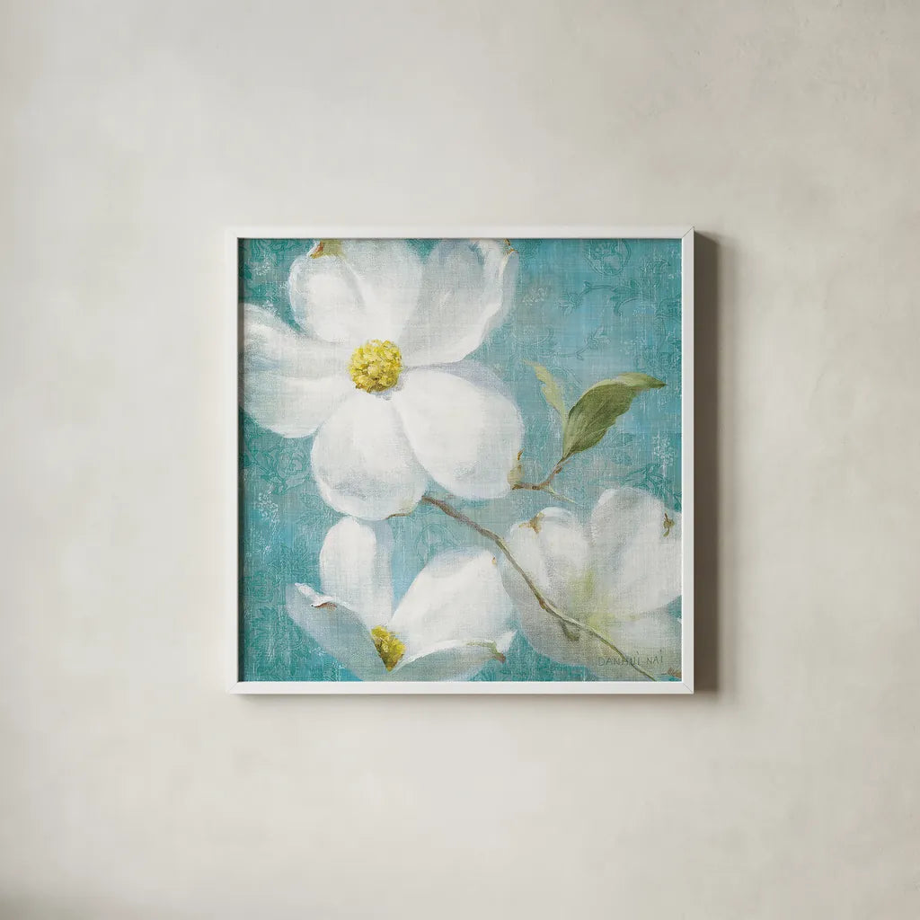 Indiness Blossom Square Vintage IV by Danhui Nai. Shown in a crisp white glass frame for a clean and minimalist style. Available as an archival giclee rolled canvas, fine art paper, or poster print. SKU 14017a.