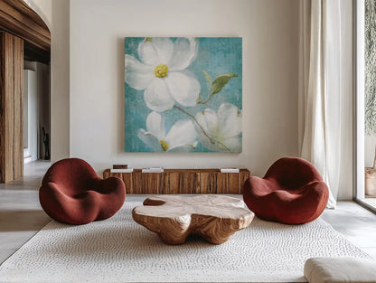 Indiness Blossom Square Vintage IV by Danhui Nai. Shown as extra-large giant wall art in a modern living room. Available as an archival giclee rolled canvas, fine art paper, or poster print. SKU 14017a.