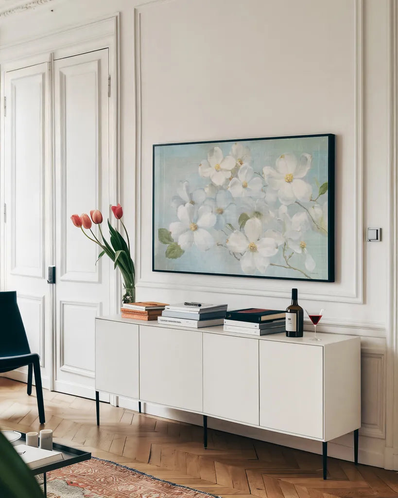 Indiness Blossoms Light by Danhui Nai. shown as a framed stretched canvas in a living room above a console. Available as a archival giclee rolled canvas, fine art paper, or poster print. SKU 44821i.