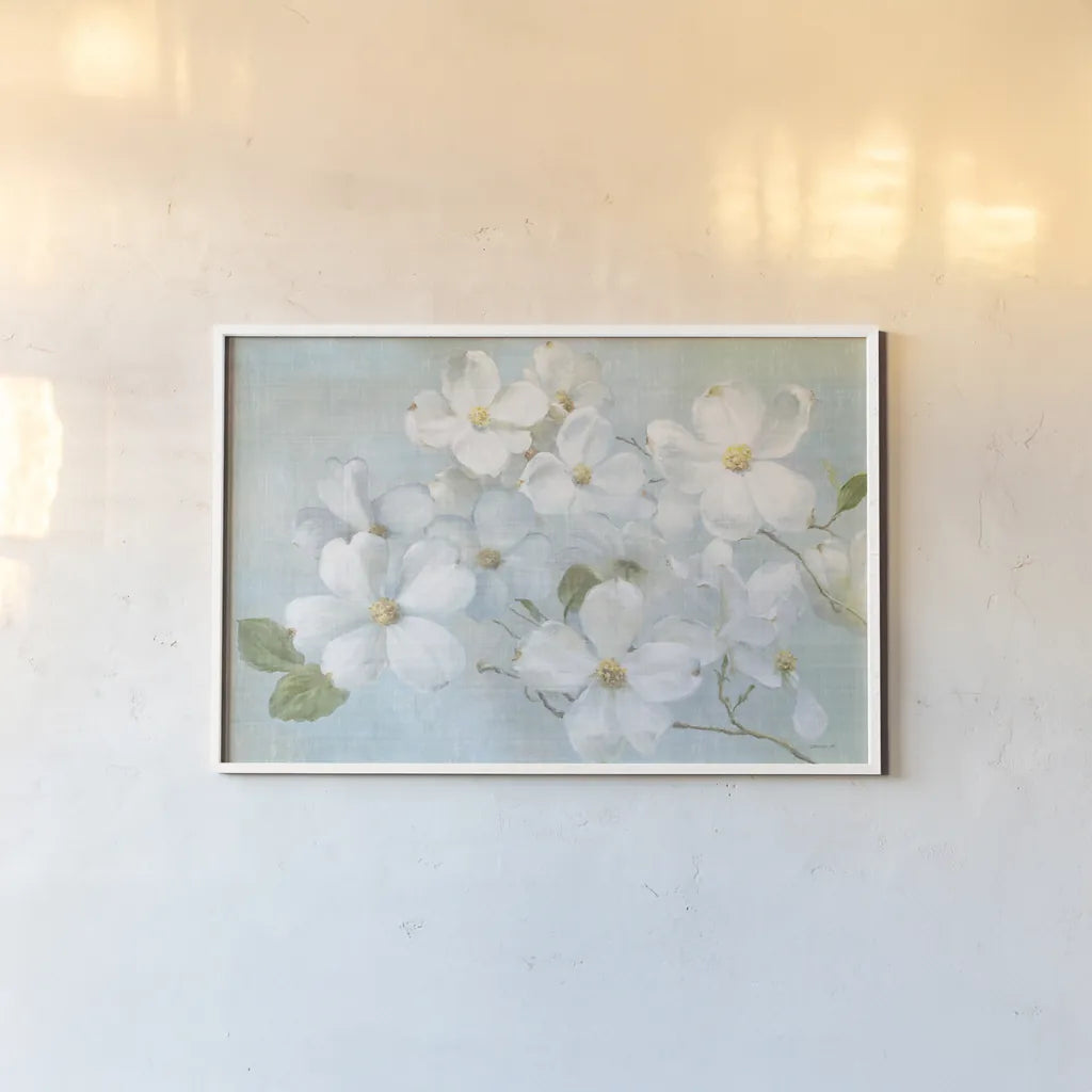 Indiness Blossoms Light by Danhui Nai. shown as a paper print in a white frame. Available as a archival giclee rolled canvas, fine art paper, or poster print. SKU 44821i.