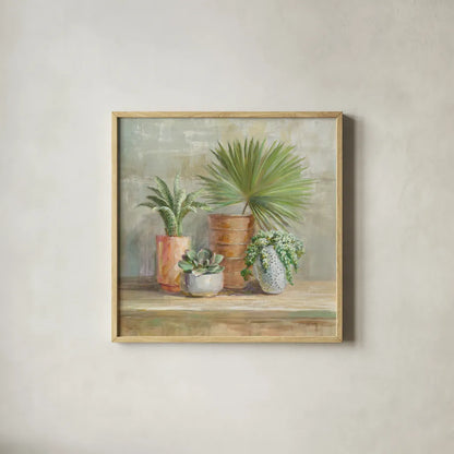 Indoor Garden by Danhui Nai. Shown in a natural wood glass frame for a timeless modern aesthetic. Available as an archival giclee rolled canvas, fine art paper, or poster print. SKU 70574a.